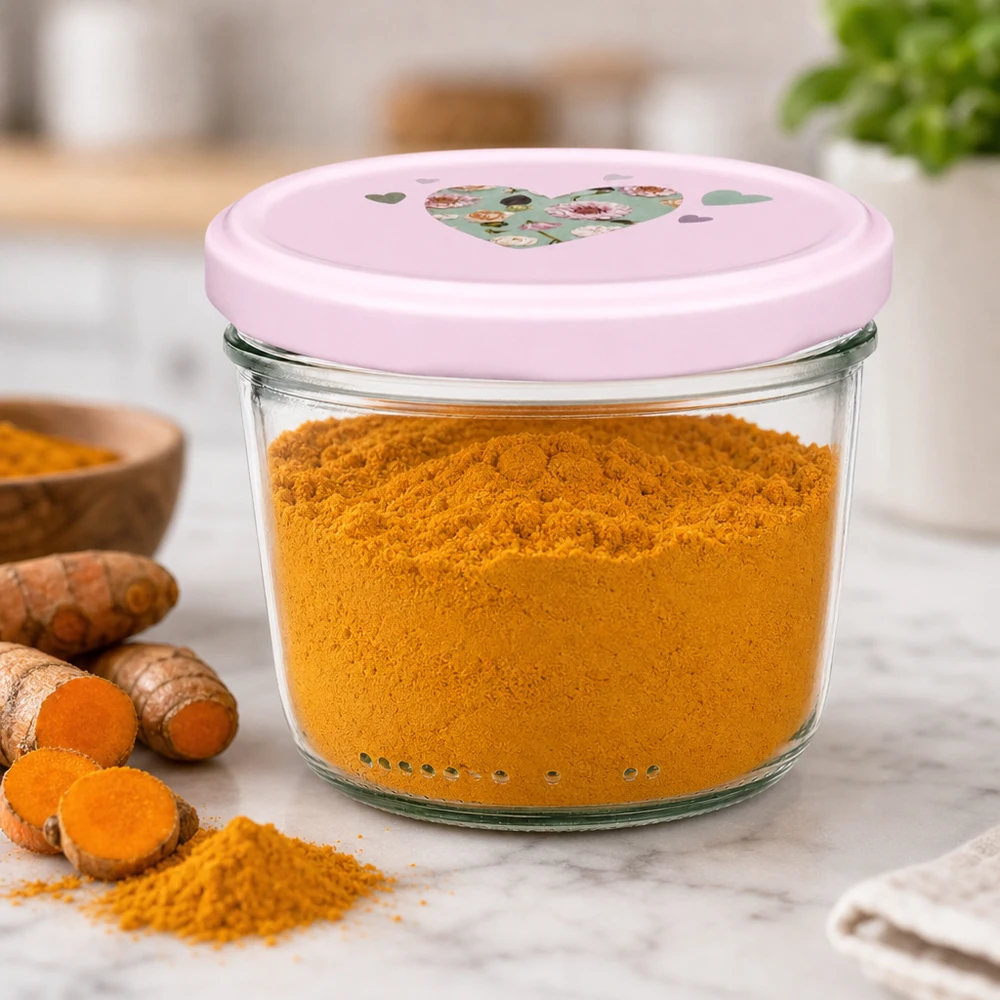 Pot de 230ml avec couvercle rose en forme de cœur rempli de poudre d'épices de curcuma à côté de racines de curcuma fraîches Cuisine