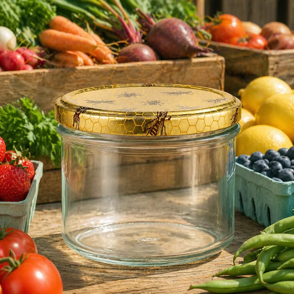 Pot à miel 250 g avec couvercle motif rayon de miel BasicSeal UNiTWIST Pot de miel de 250g avec couvercle en nid d'abeille entouré de légumes frais, de fruits et de baies sur une table en bois rustique