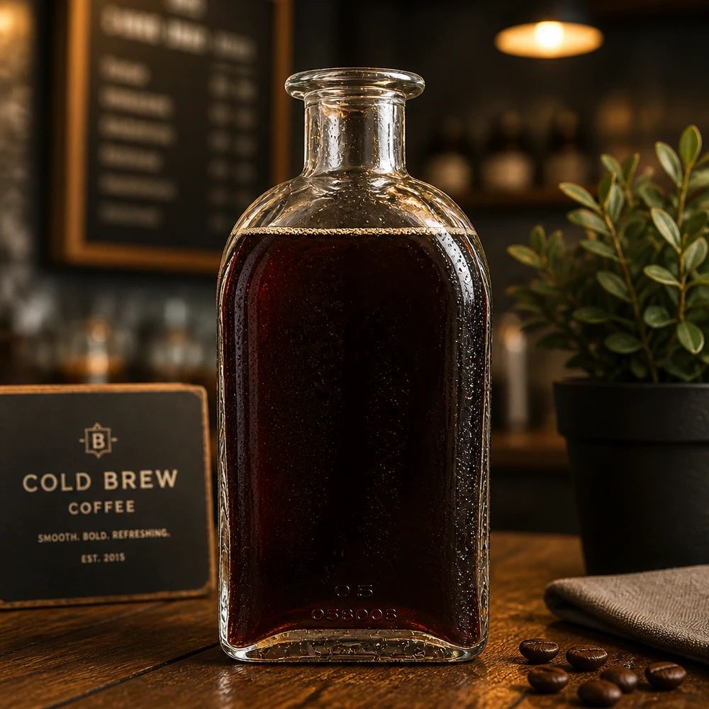 Flacon à pharmacie « Julia» 500 ml sans bouchon UNiTWIST® Bouteille en verre Julia de 500 ml remplie de café Cold Brew dans une atmosphère de café avec des grains de café et une présentation stylée
