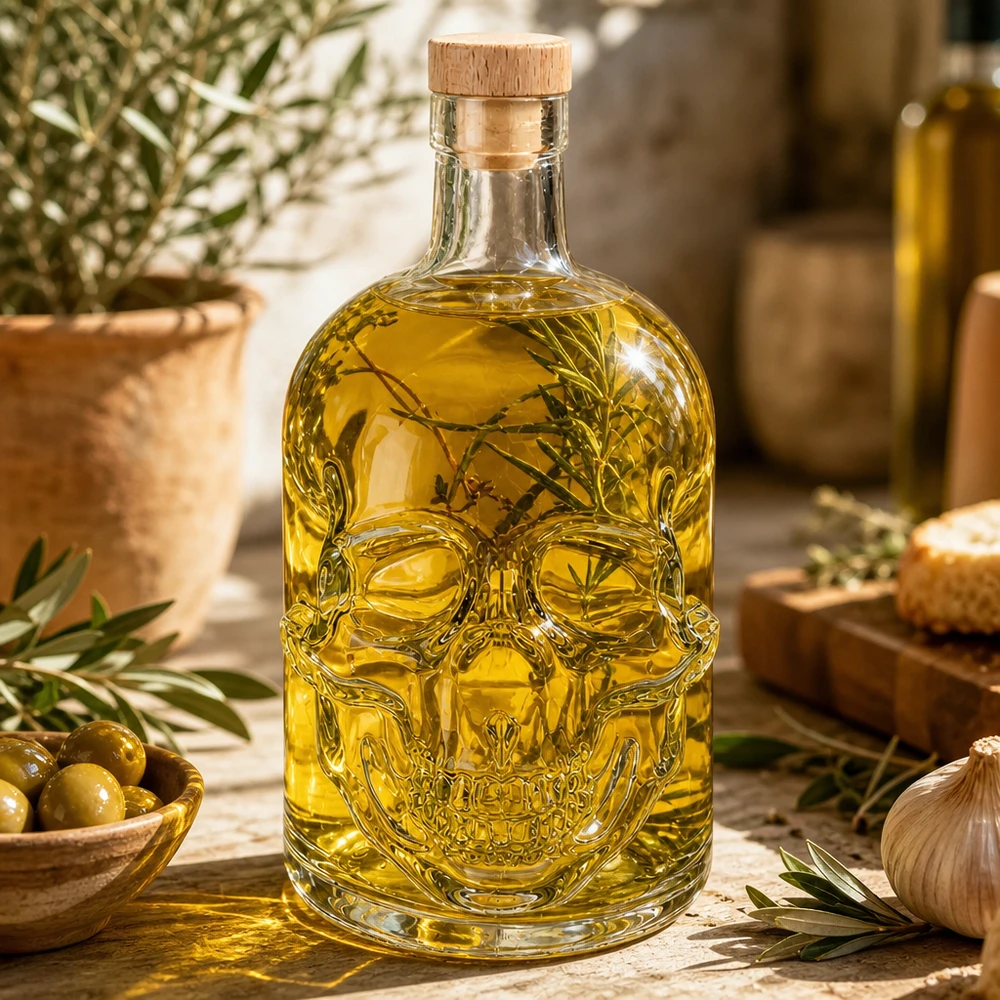 Totenkopf-Glasflasche 700ml Jack mit Olivenöl gefüllt, Kräutern und mediterranen Zutaten als Küchendeko