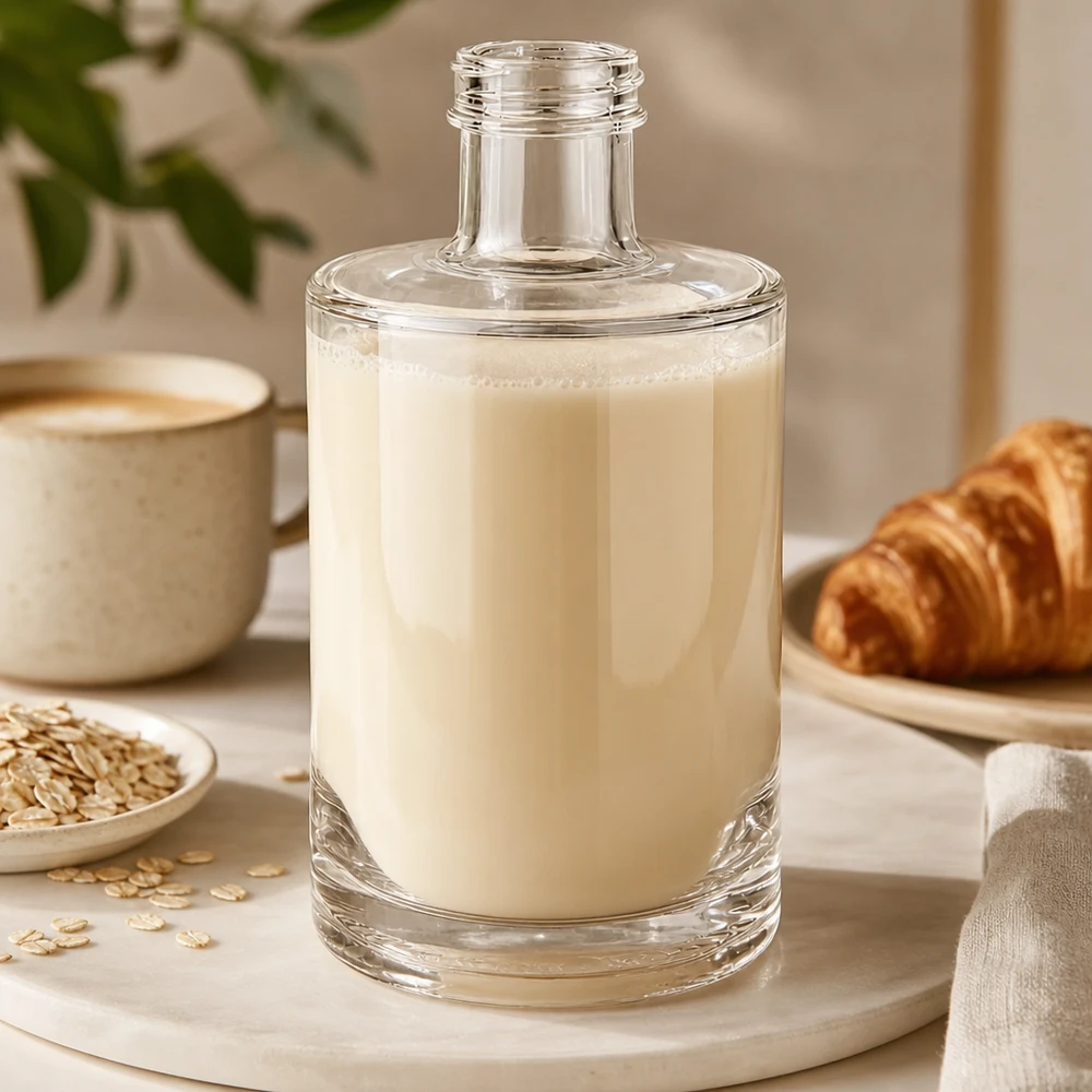 Bouteille de verre Sam de 375 ml remplie de lait d'avoine crémeux, disposée à côté d'un croissant et d'une tasse à café sur une planche en bois.