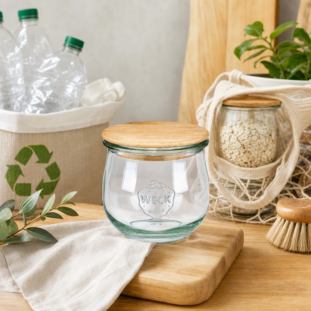 WECK Pot tulipe 370ml RR80 avec couvercle en bois dans une cuisine durable zéro déchet avec des ustensiles recyclés et des décorations naturelles