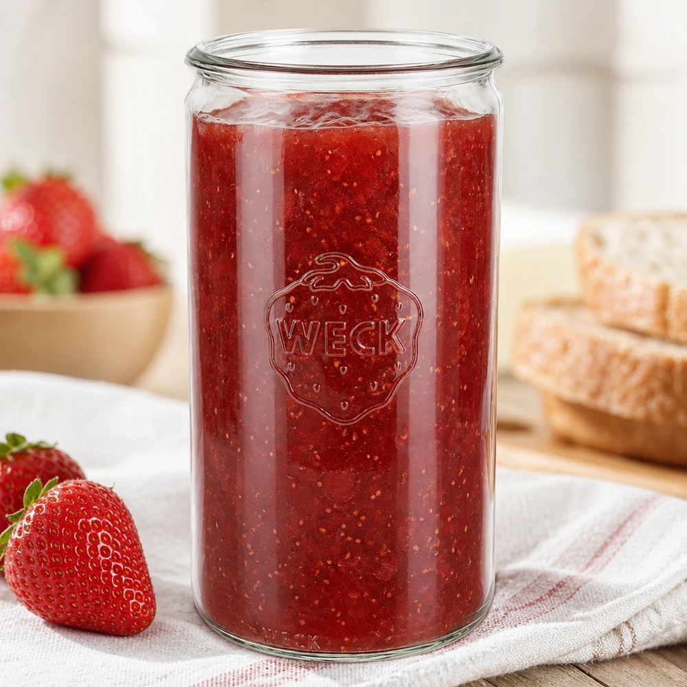 Bocal cylindrique en verre WECK RR100 de 1590 ml WECK Zylinderglas 1590ml RR100 gefüllt mit Erdbeermarmelade neben frischen Erdbeeren und Brot in heller Küche