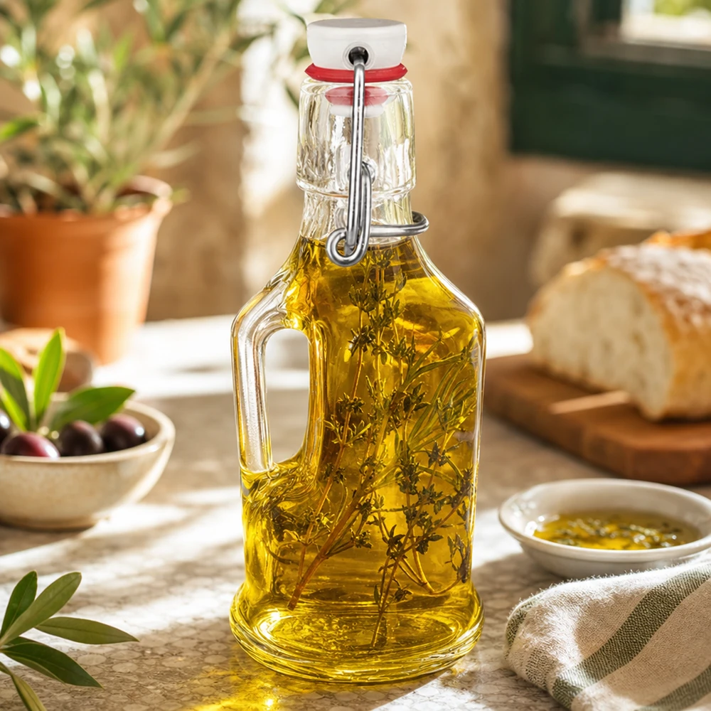 Bouteille en verre Bertha 200ml remplie d'huile aux herbes scène de cuisine méditerranéenne olives pain bouchon à étrier UNiTW