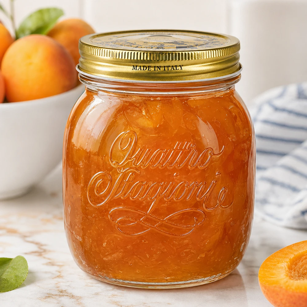 Verre rond 700ml « Quattro Stagioni » avec couvercle Quattro Stagioni Pot rond de 700ml rempli de confiture d'abricots Made in Italy Pot de conservation pour confitures et pâtes à tartiner