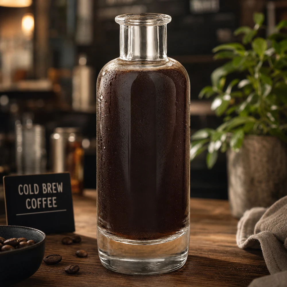 Bouteille en verre de 200ml Ella remplie de café Cold Brew dans une atmosphère de café montre l'utilisation pour les boissons au café