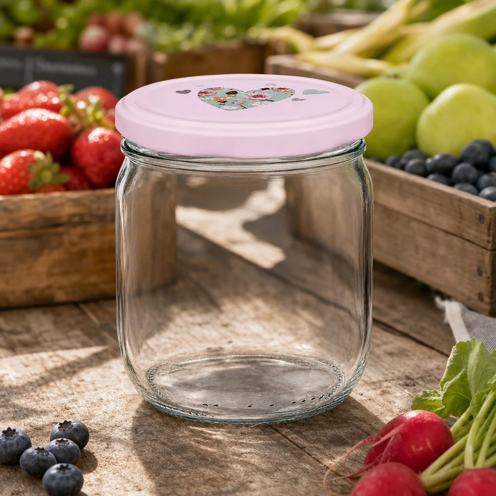 425ml Verre rond vide rose Couvercle en forme de cœur BasicSeal Environnement des fruits étal de marché baies fraîches raisins Caisse en bois