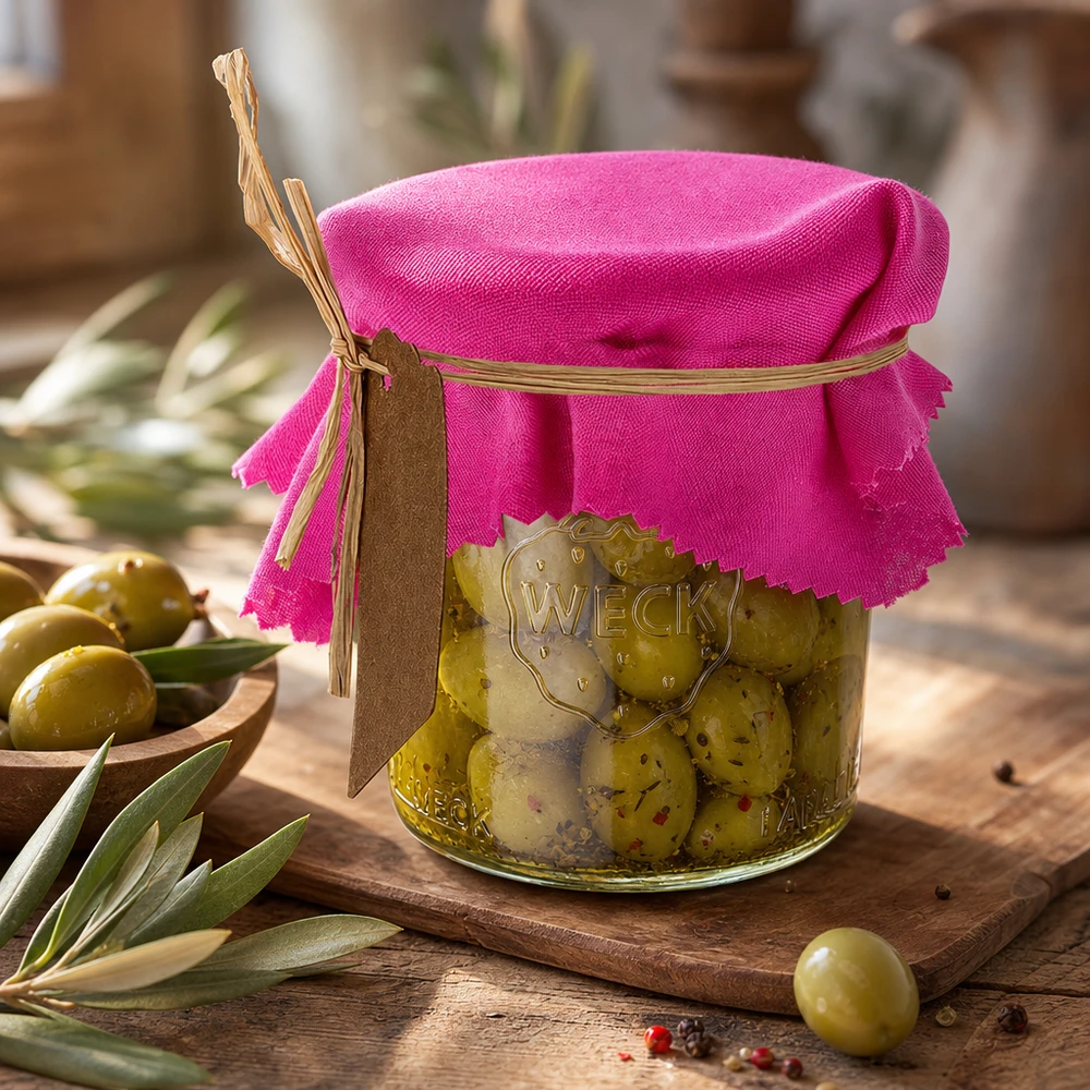 Tissu napperon pour décoratif rose 12cm carré Cache-bijoux en tissu rose 12cm carré sur verre à olives avec raphia et étiquette dans une scène de décoration méditerranéenne