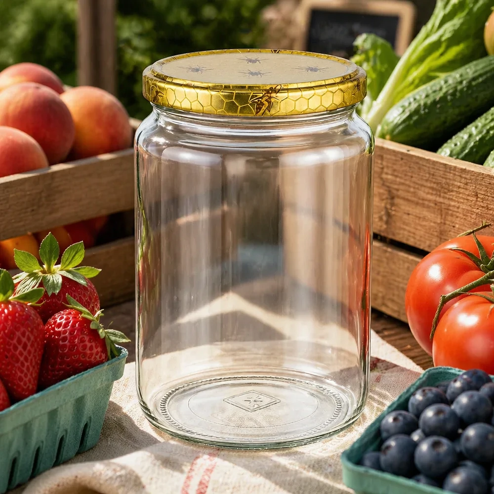 Pot à miel 1000 g avec couvercle motif rayon de miel BasicSeal UNiTWIST Pot de miel de 1000g avec couvercle en nid d'abeille entouré de fruits et légumes frais dans des caisses en bois scène de marché rustique