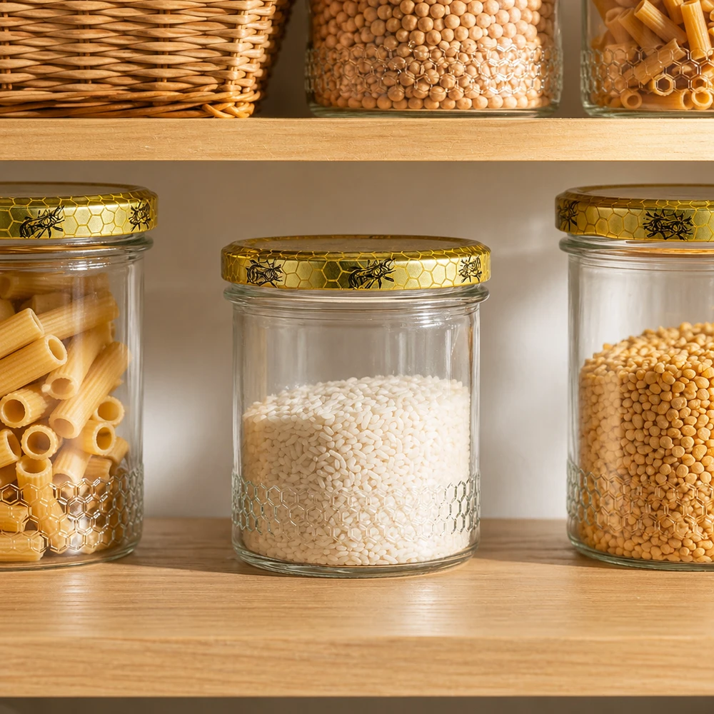 Pot à miel 560 g avec couvercle motif rayon de miel BasicSeal UNiTWIST Pot de miel de 400 ml avec couvercle en nid d'abeille dans une cuisine de réserve organisée, organisation de l'office avec des pâtes et des céréales