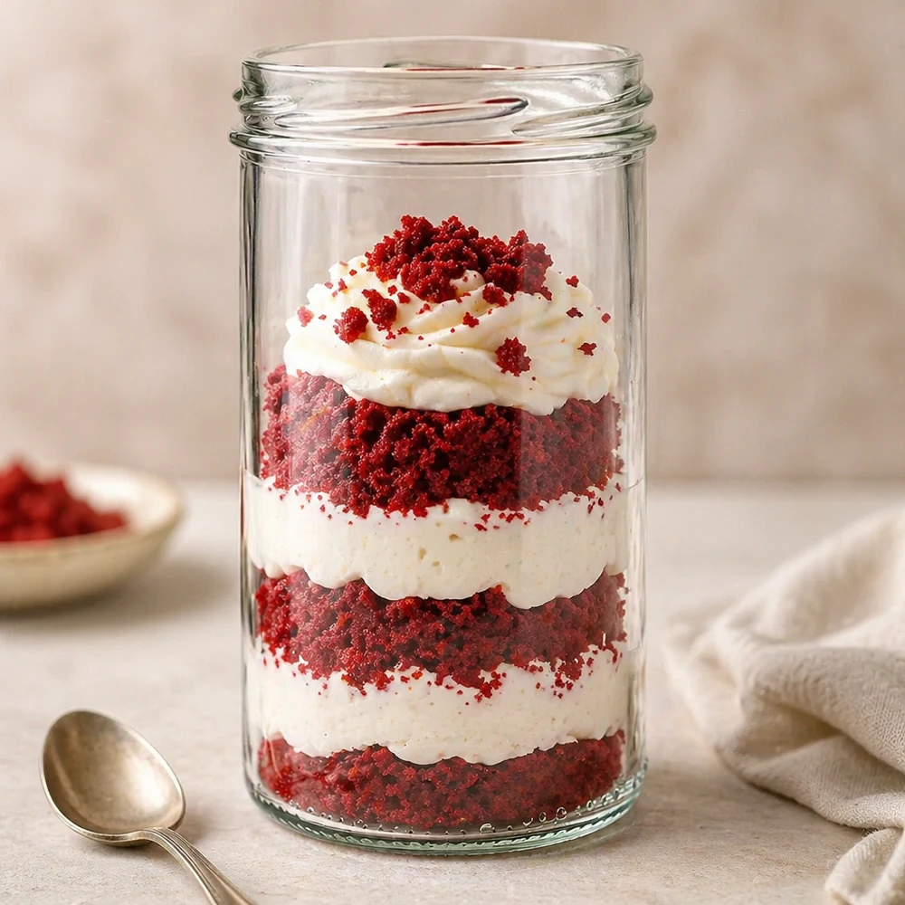 277ml Verre conique sans couvercle (TO66) UNiTWIST Dessert Red Velvet dans un verre renversé UNiTWIST de 277 ml avec de la crème et des vermicelles rouges disposés en couches