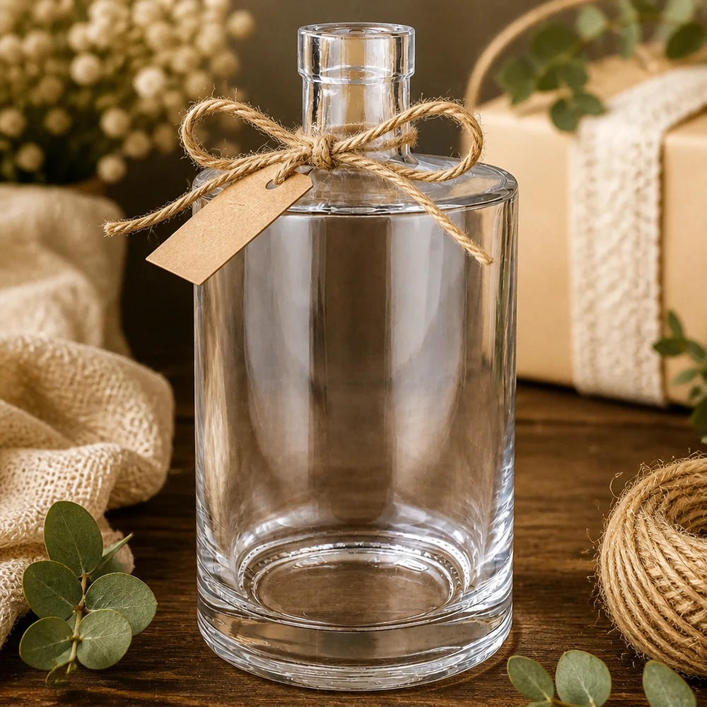 Bouteille en verre Marie de 700 ml emballée comme cadeau avec un ruban de jute et un pendentif en papier kraft décoré de manière rustique