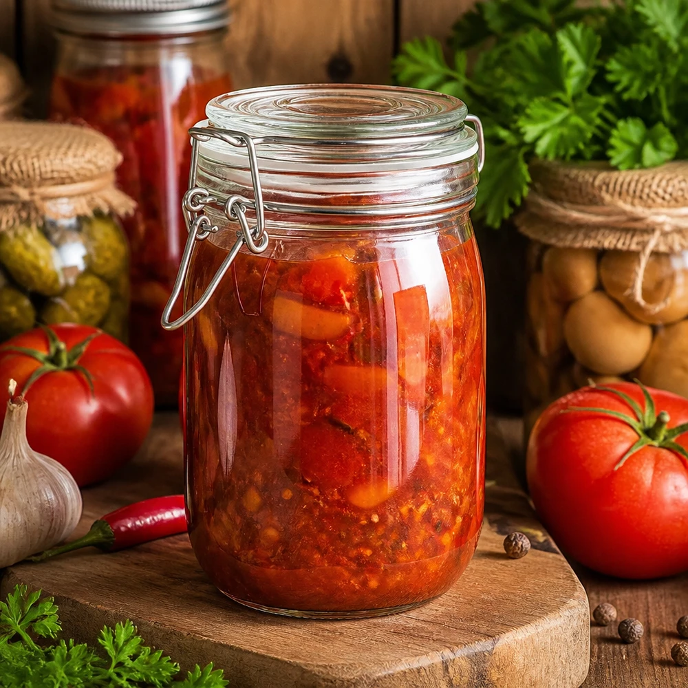 Pot de réserve 1000ml type S avec fermeture à étrier UN. Pot de 1000ml à fermeture à étrier rempli de sauce tomate maison et d'ingrédients frais