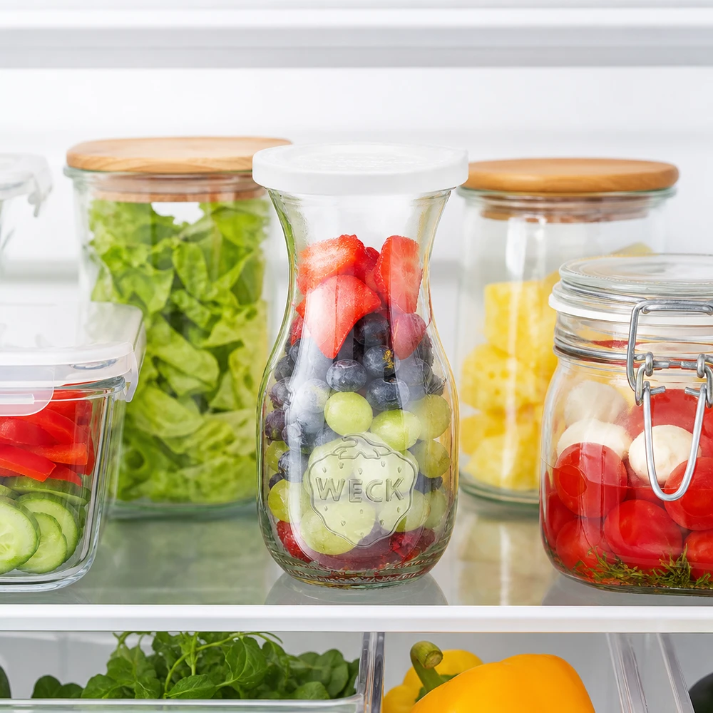 Bouteille à jus de 290 ml avec couvercle fraîcheur WECK RR60 WECK Bouteille de jus de 290 ml avec couvercle fraîcheur au réfrigérateur remplie de baies à côté des bocaux Meal Prep avec salade
