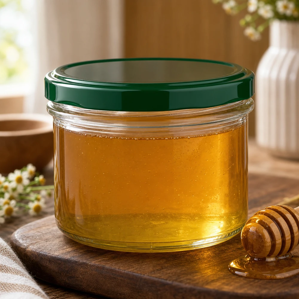 225ml pot BasicSeal couvercle vert rempli de miel à côté de la cuillère à miel sur planche en bois décoration de cuisine naturelle