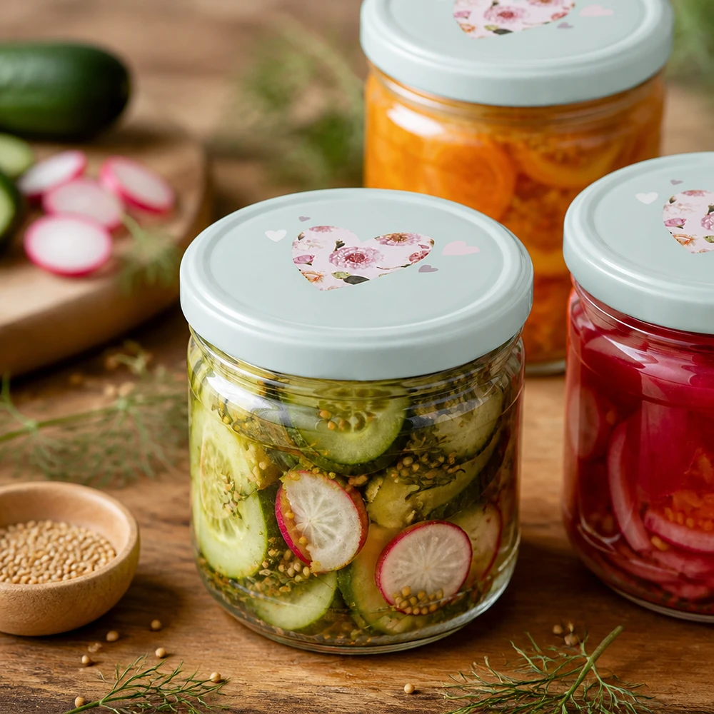 Tumbler de 260 ml + couvercle BasicSeal cur menthe UNiTWIST Pots renversés de 260ml remplis de légumes marinés, couvercle BasicSeal avec motif de cœur, concombres et radis marinés
