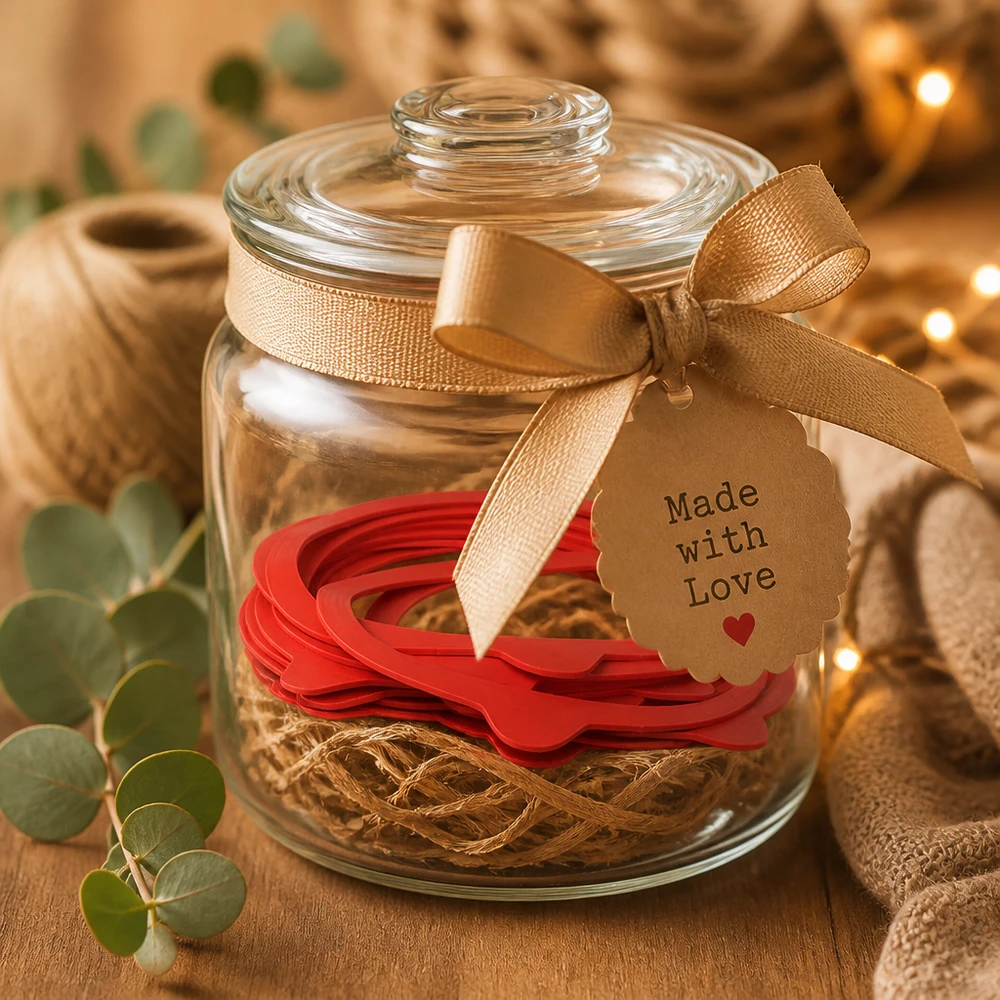Anneaux de confiture RR120 en caoutchouc naturel en cadeau dans un pot en verre décoratif avec un ruban doré et un pendentif Made with Love