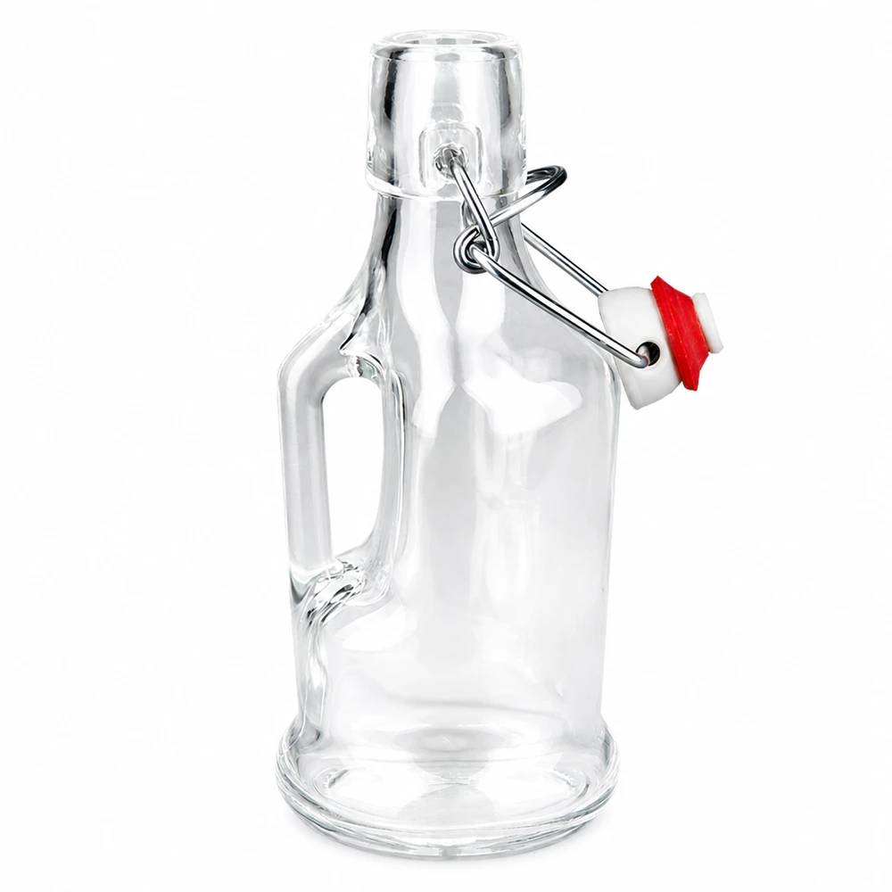 Bouteille en verre 200 ml « Bertha » et bouchon à étrier en PVC UNiTWIST® Bouteille en verre Bertha 200ml avec joint rouge sur le bouchon à étrier, verre transparent, poignée latérale