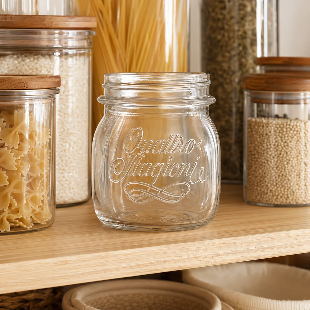 250ml Quattro Stagioni Verre de ménage vide sur une étagère en bois entre des bocaux de stockage remplis de pâtes et de céréales