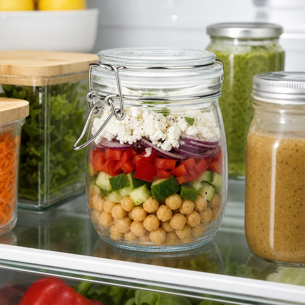 Pot de réserve 750ml type S avec fermeture à étrier UN. Bocal de 750 ml avec couvercle à étrier contenant une salade de pois chiches, de poivrons et de feta au réfrigérateur