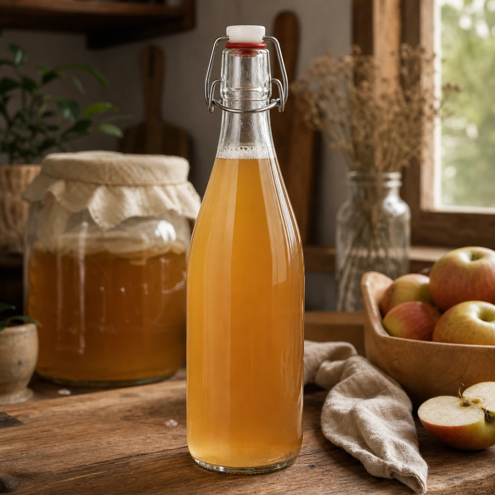 Bouteille en verre 500ml bouchon à étrier remplie de jus de pomme cuisine rustique boisson aux fruits fait maison naturel