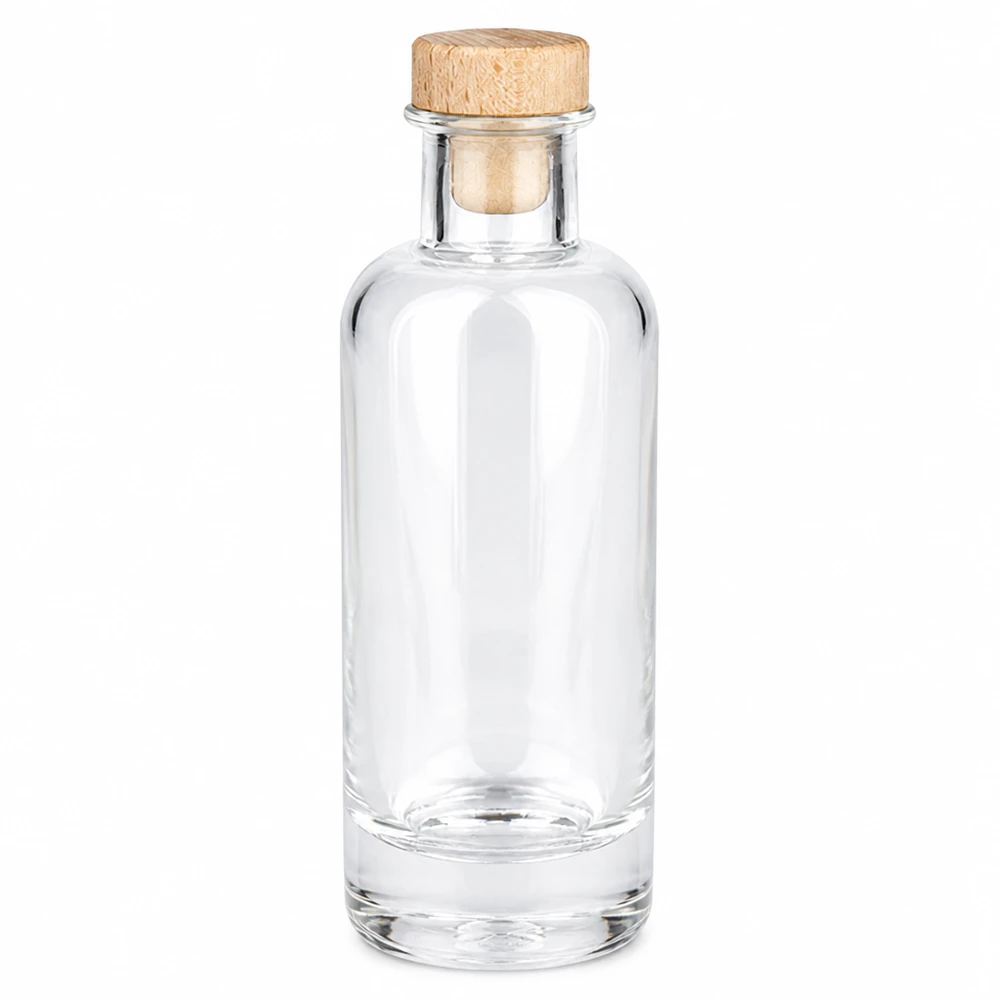 Bouteille Ella » avec bouchon en bois UNiTen verre 200 ml « WIST® Bouteille en verre 200ml Ella avec bouchon en bois transparent vide Photo du produit sur fond blanc