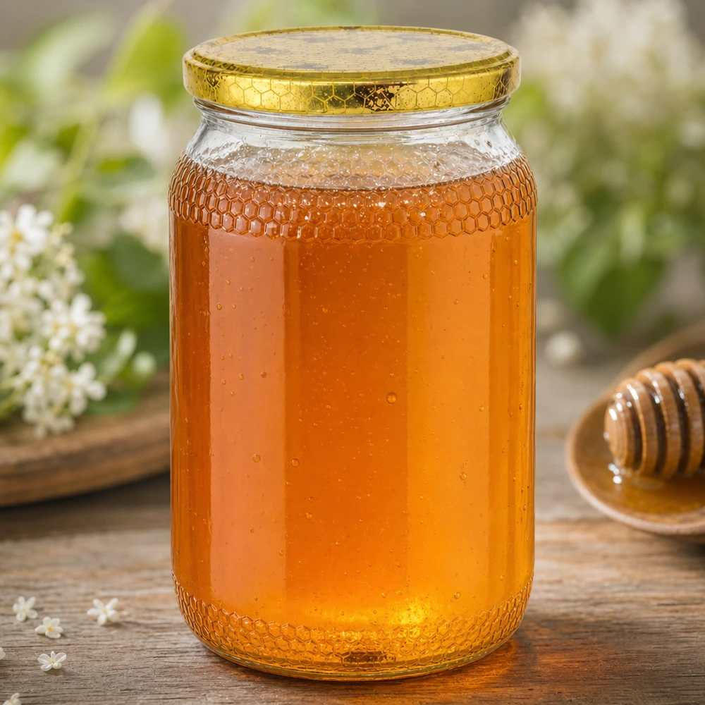 Pot à miel 1260 g avec couvercle motif rayon de miel BasicSeal UNiTWIST 900ml pot de miel rempli de miel couvercle doré en nid d'abeille fond en bois dipper de miel apiculture produit naturel