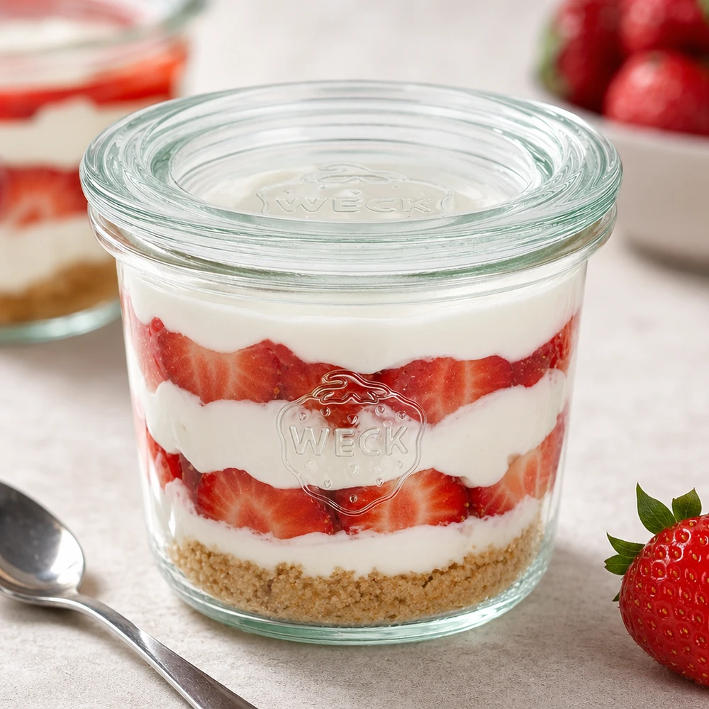 Bocal en verre de 80 ml avec couvercle en verre WECK RR60 WECK Verre renversé 80ml RR60 rempli de dessert à la fraise et à la crème montre une utilisation polyvalente comme verre à dessert et verre à portions