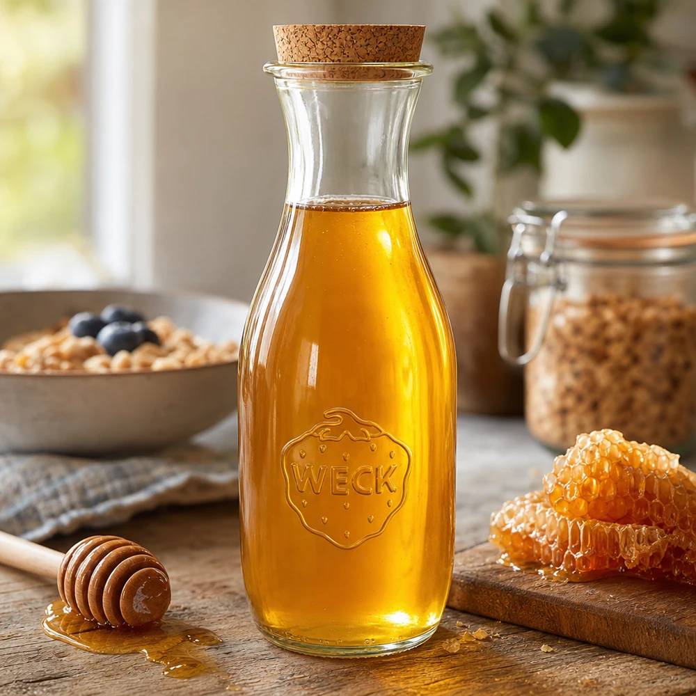 1062ml Bouteille à jus de fruits WECK RR60 avec bouchon nature WECK Bouteille de jus 1062ml remplie de miel doré, bouchon naturel et miel en nid d'abeille dans une scène de cuisine conviviale