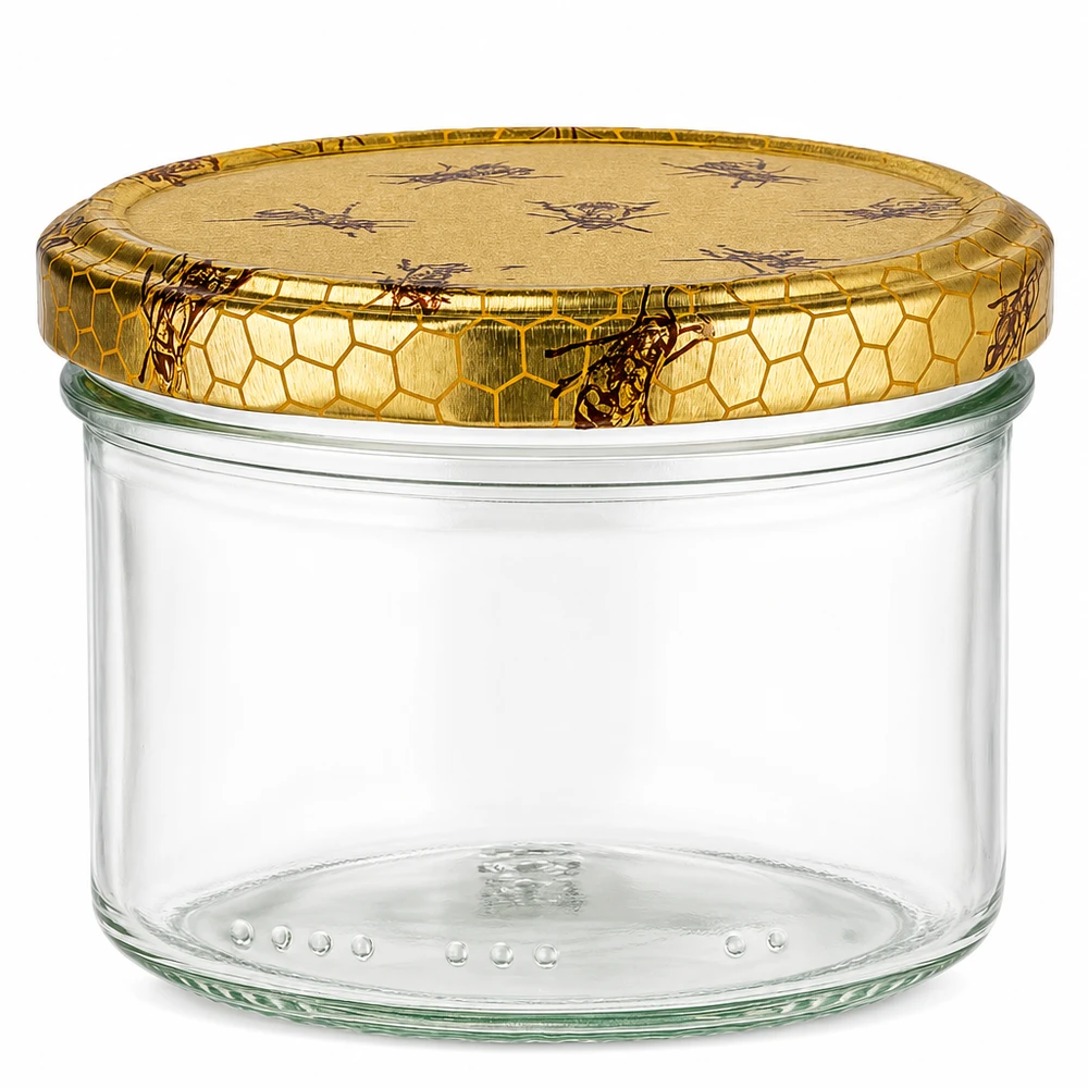 Pot à miel vide en verre de 300g avec couvercle à visser doré en nid d'abeille pour le miel et la confiture