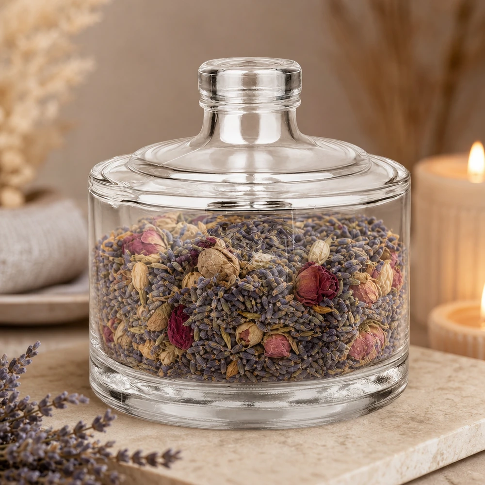 200ml Glasflasche Barbara mit Lavendel und Rosenblüten befüllt als elegante Aromatherapie Dekoration im Spa Ambiente