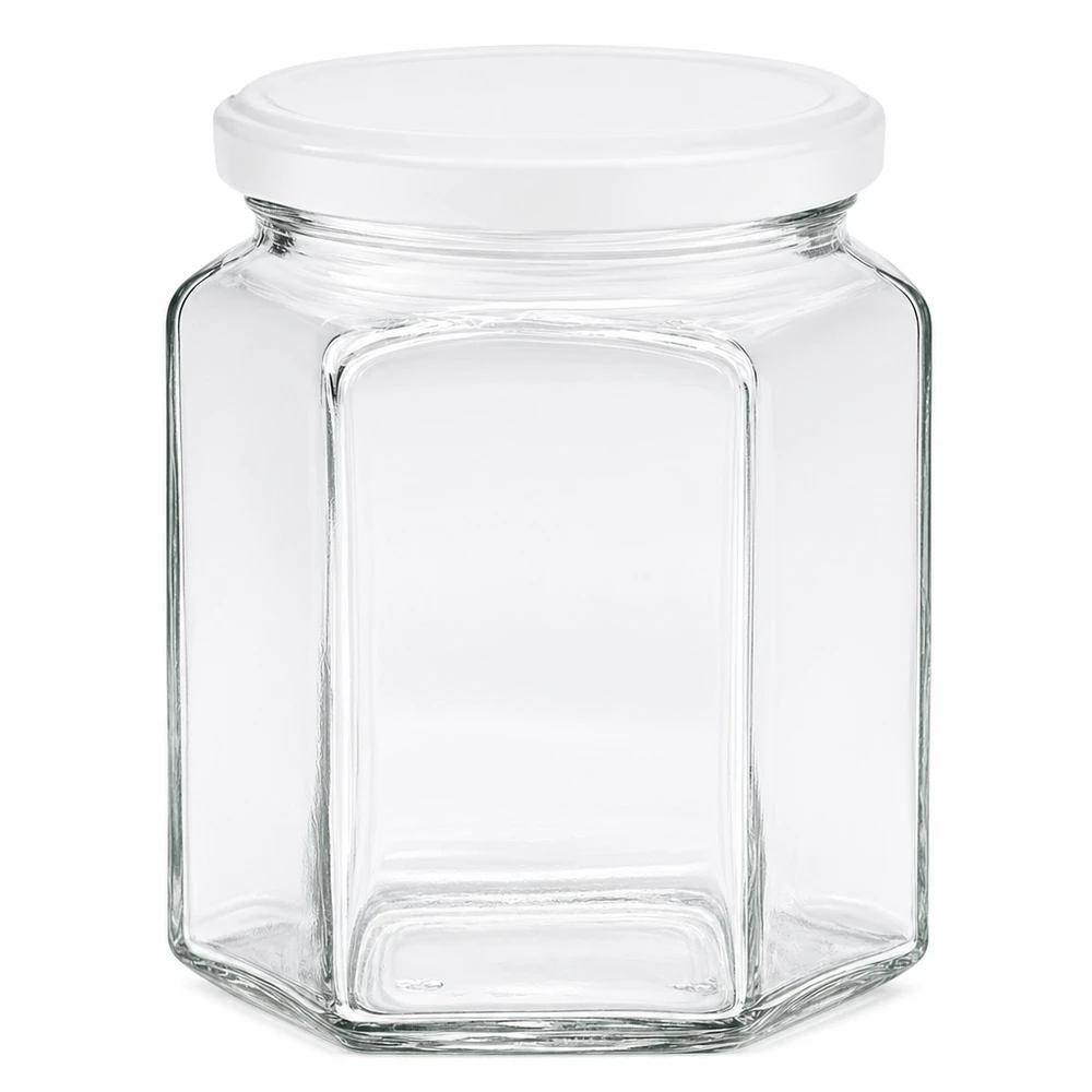 Pot de miel hexagonal de 400g avec couvercle blanc à visser en verre pour le miel et la confiture