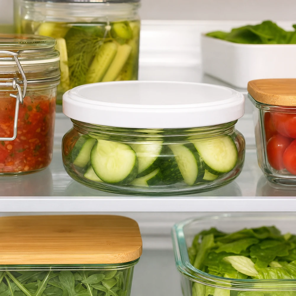 120ml Verre terrine avec couvercle BasicSeal blanc UNiTWIST Pot à terrine de 120 ml avec couvercle blanc rempli de tranches de concombre dans le réfrigérateur à côté des légumes marinés et des conserves