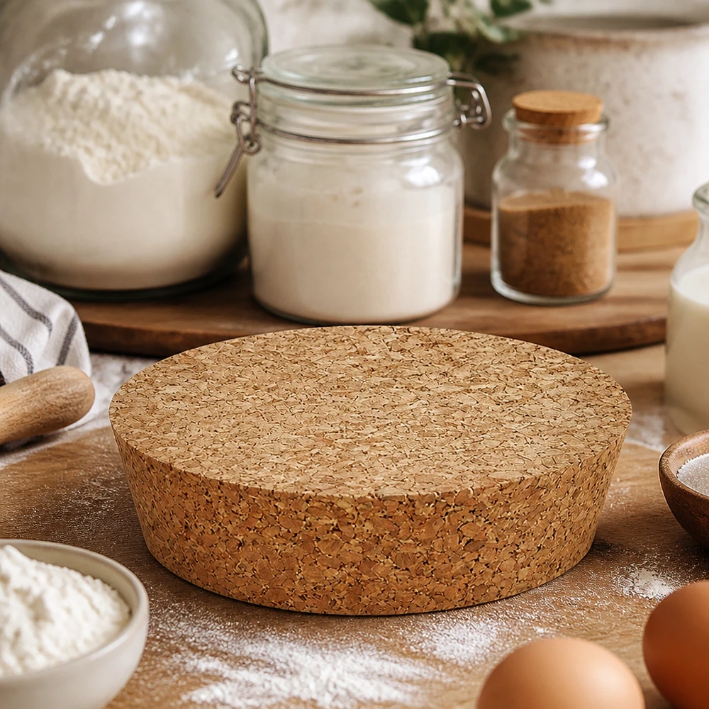 WECK RR80 bouchon liège naturel rond sur comptoir de pâtisserie avec farine œufs ingrédients de cuisson décoration de cuisine rustique naturel