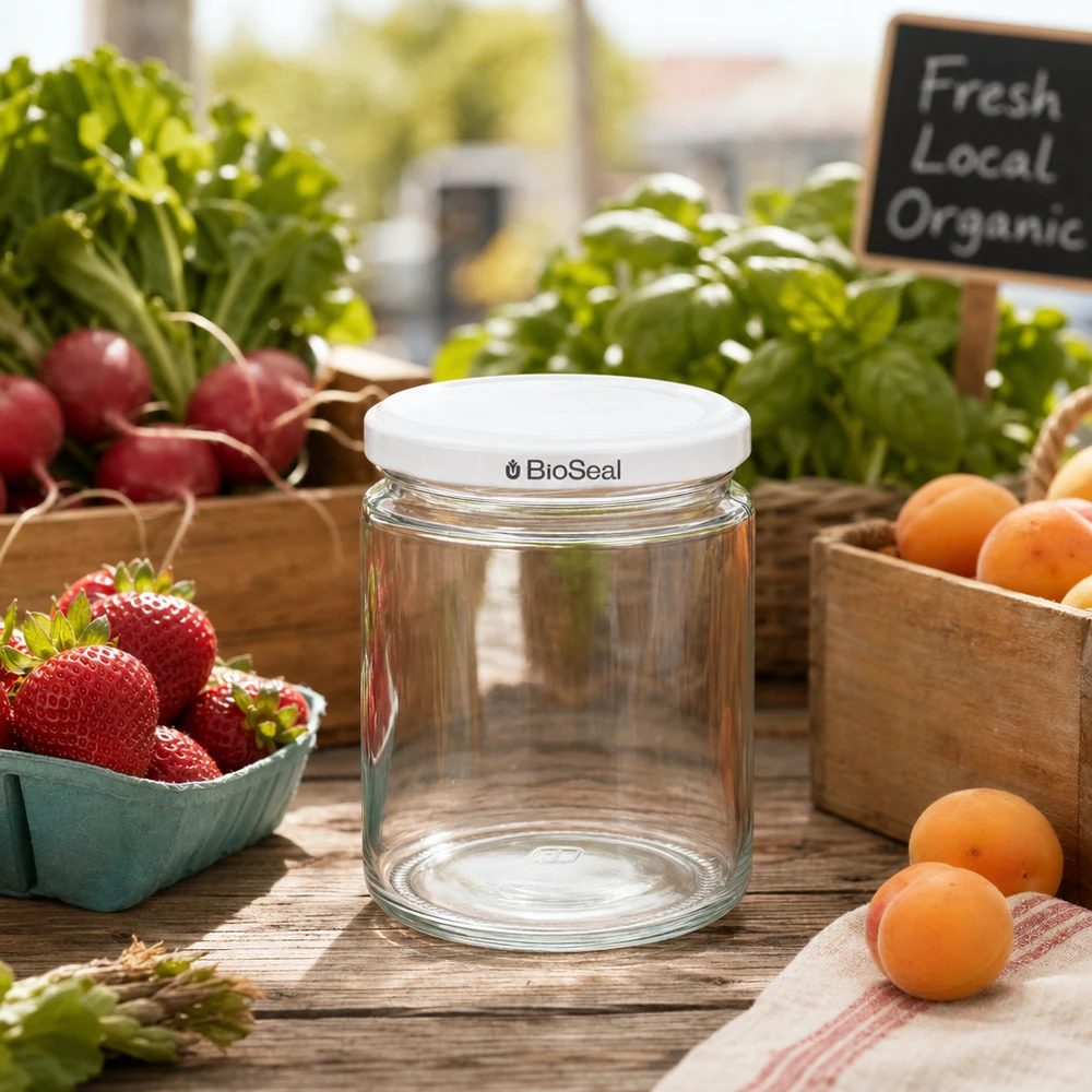 Pot à miel 350 g avec couvercle blanc BioSeal UNiTWIST 250ml Pot de miel BioSeal UNiTWIST vide sur table en bois avec fruits frais légumes du marché fermier Pot de conservation
