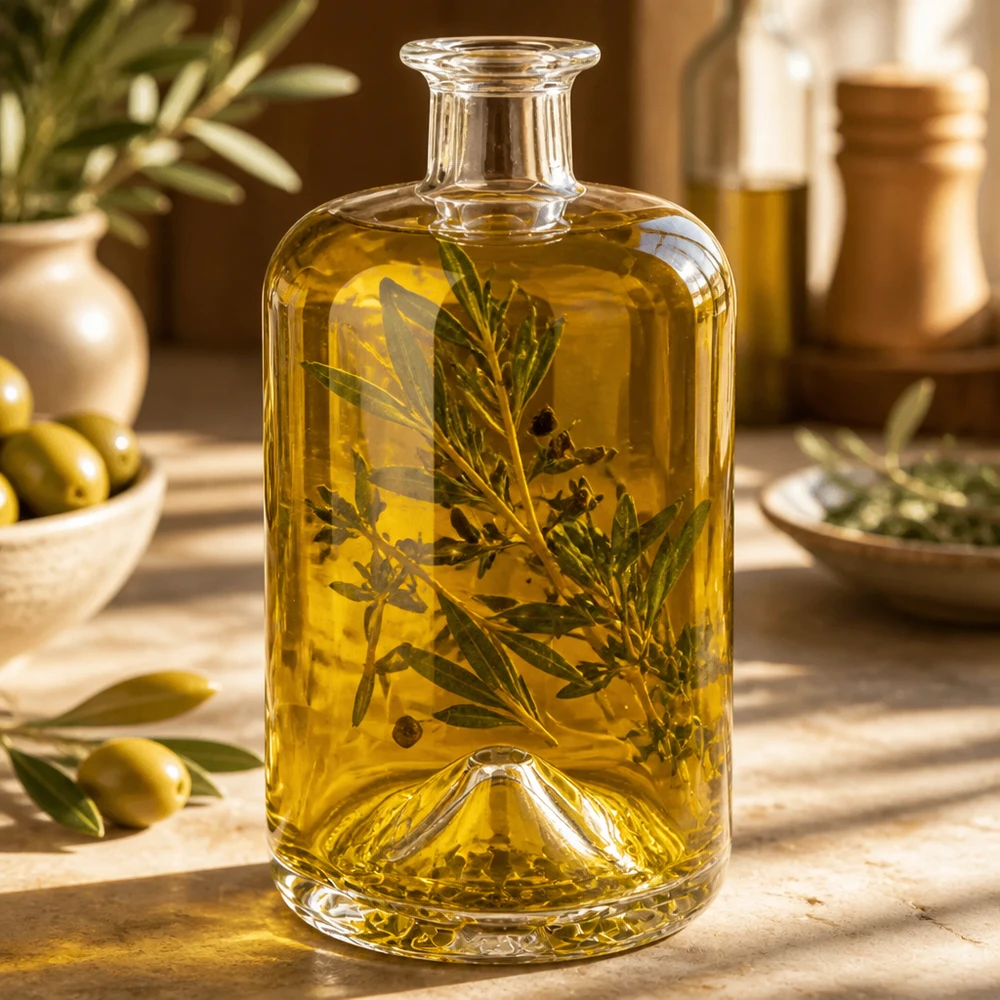 Flacon à pharmacie « Sofia » 700 ml sans bouchon UNiTWIST® Bouteille en verre Sofia 700ml remplie d'huile d'olive et d'herbes aromatiques comme exemple d'utilisation décorée sur une table en bois