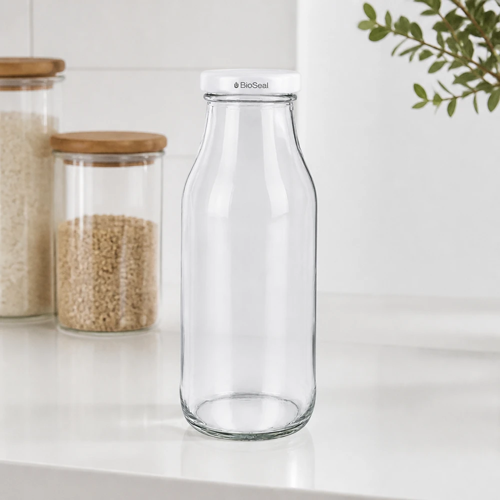 Bouteille en verre UNiTWIST Bottle263 avec couvercle blanc TO43 BioSeal sur un plan de travail blanc à côté des bocaux de stockage