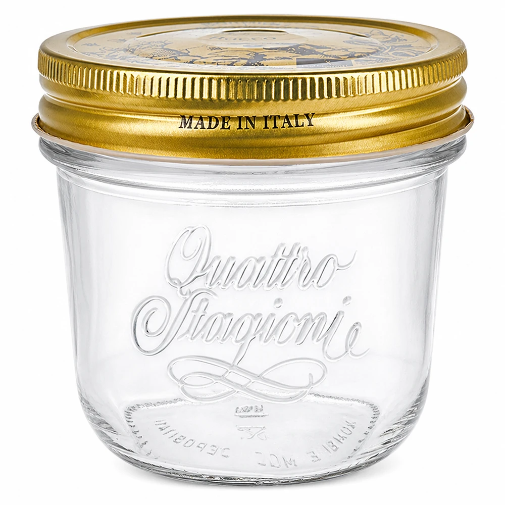 Verre renversé de 200 ml « Quattro Stagioni » avec couvercle Pot Quattro Stagioni 200ml avec couvercle doré à visser Made in Italy Pot de conservation pour conserves et confitures