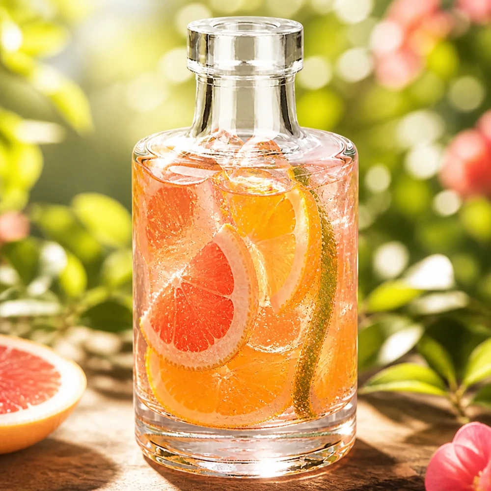 Bouteille en verre Marie de 100 ml contenant une boisson au pamplemousse et des glaçons dans un environnement de jardin naturel avec des fruits