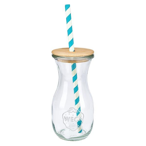 Bocal conique WECK 290 ml (1/5 L) avec couvercle WECK Bouteille en verre 290ml avec couvercle en bambou et paille en papier turquoise et blanche Vue unique Bouteille à boire