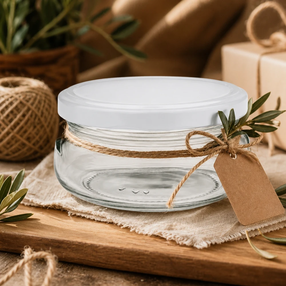 120ml Verre terrine avec couvercle BasicSeal blanc UNiTWIST 120ml Terrinenglas mit BasicSeal Deckel dekorativ mit Jute-Band und Geschenkanhänger auf Holztablett arrangiert