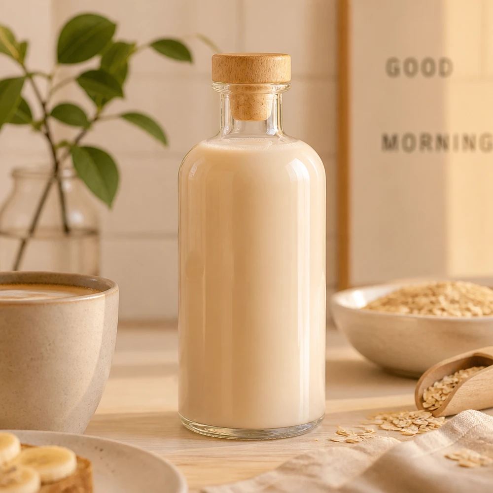 Flacon à pharmacie « Flora » 500 ml avec bouchon en bois UNiTWIST® Bouteille en verre Flora 500ml remplie de lait d'avoine entre les flocons d'avoine et le bol en cuisine naturelle