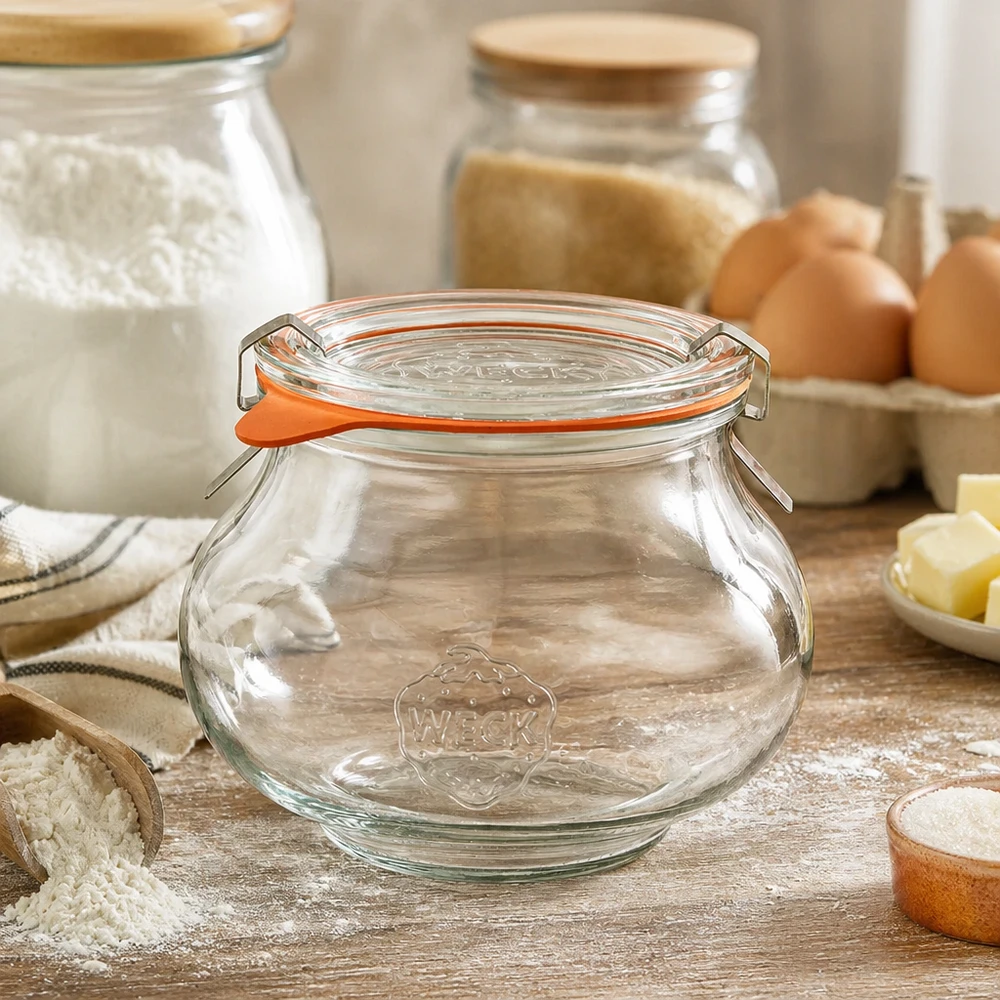 Bocal décoratif WECK RR80 de 560 ml, complet WECK Pot à bijoux 560ml RR80 dans une cuisine rustique avec des ingrédients de boulangerie, de la farine et des œufs, parfait pour l'organisation de la cuisine