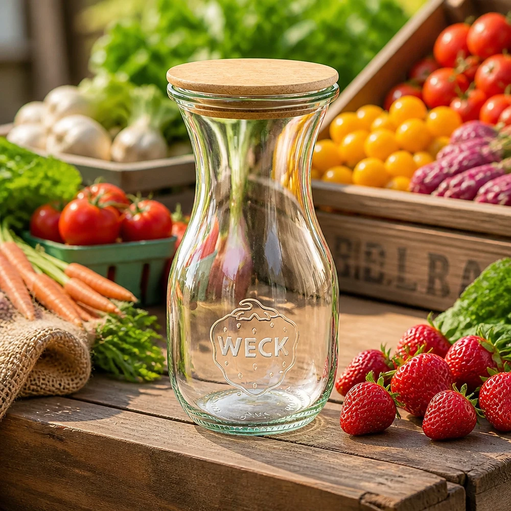 290ml Bouteille à jus de fruits WECK RR60 avec couvercle en bois WECK Bouteille en verre de 290 ml avec bouchon en liège entre des légumes et des fruits frais sur une table en bois rustique
