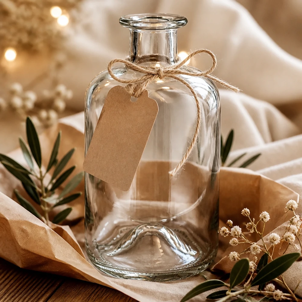 Flacon de pharmacie Luna 500ml transparent avec pendentif en papier kraft comme emballage cadeau entre des fleurs séchées