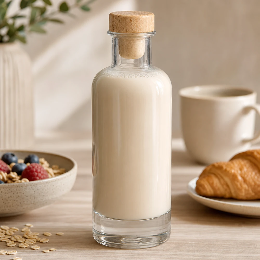 Bouteille en verre Ella de 200 ml avec bouchon en bois remplie de lait d'avoine sur la table du petit-déjeuner avec des céréales et un croissant