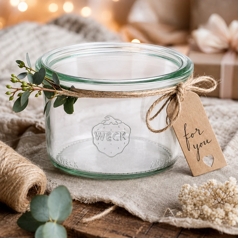 Bocal en verre à fond bombé WECK RR80 de 200 ml WECK Pot renversé 200ml RR80 avec couvercle, décoré d'eucalyptus et d'une étiquette cadeau sur une table en bois rustique