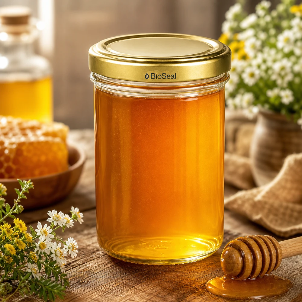 UNiTWIST Sturz230 pot avec couvercle TO66 BioSeal doré rempli de miel à côté de la cuillère à miel et des fleurs