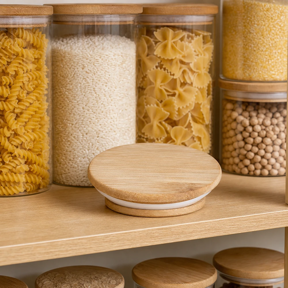 Couvercle en bois RR60 WECK WECK Couvercle en bois RR60 dans un environnement de cuisine pratique entre les bocaux de stockage avec Pasta Rice et légumineuses
