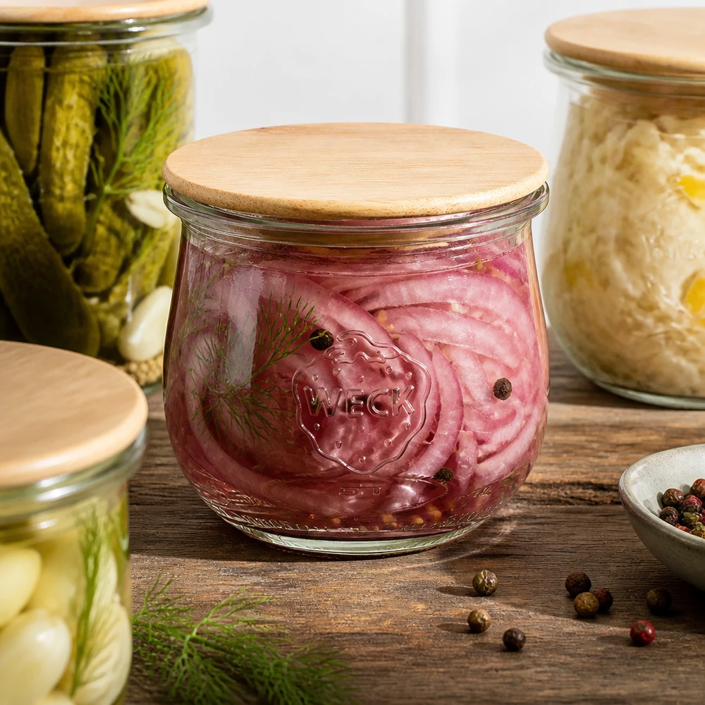 WECK Pot tulipe 370ml RR80 avec couvercle en bois pour oignons rouges marinés entre les pots à épices sur la table en bois